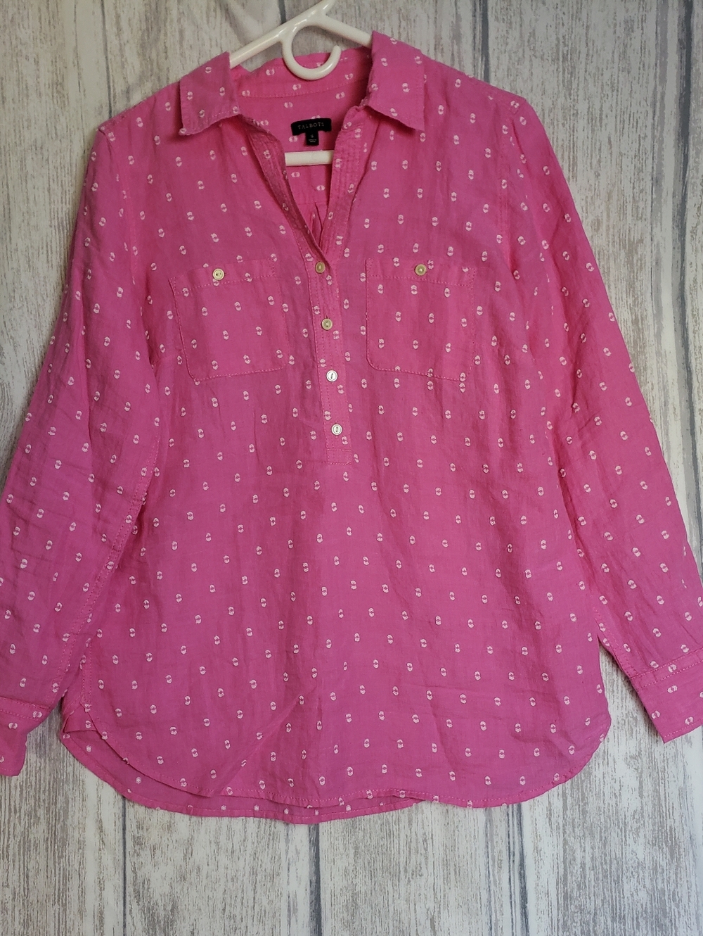Talbots Pink Linen Blend blouse white polka dot half-button Top Size Small
